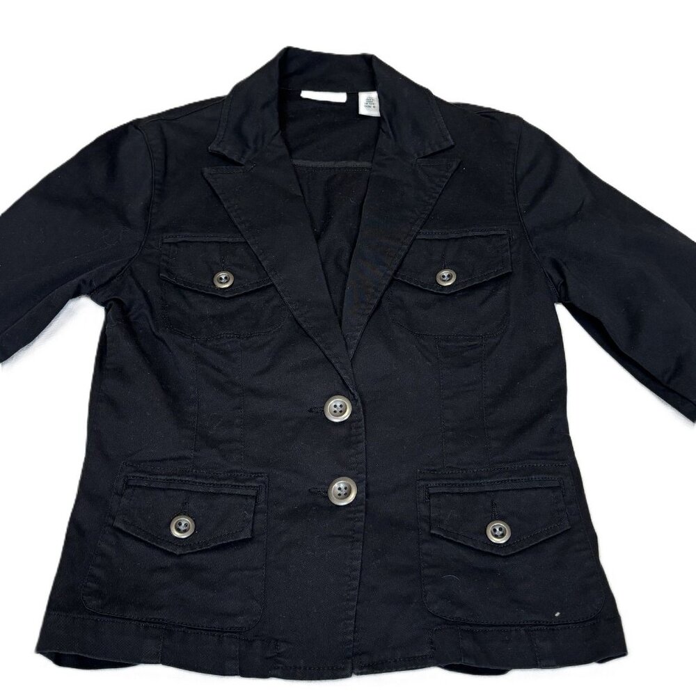 Chico's Platinum Women's Black Utility Jacket Blazer Size 0 Cotton Blend Pockets